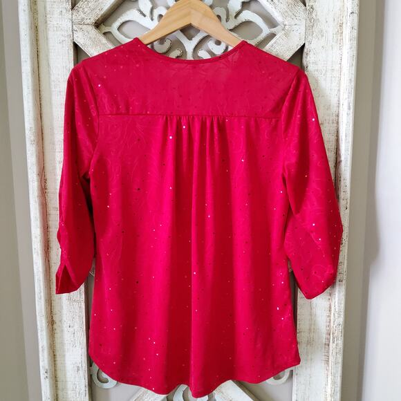 NY Collection Women's Roll Tab Sleeve Zip Jacquard Sequin Blouse Top in Red - Picture 8 of 8